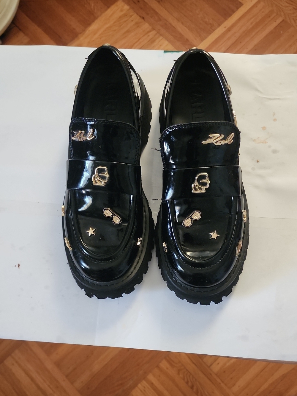 Karl Lagerfeld Black Patent Loafers with Gold Emblems